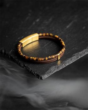 Preview: Dreifaches Armband mit italienischem Leder und 2 mm Tigerauge-Steinen - Triplux Brown